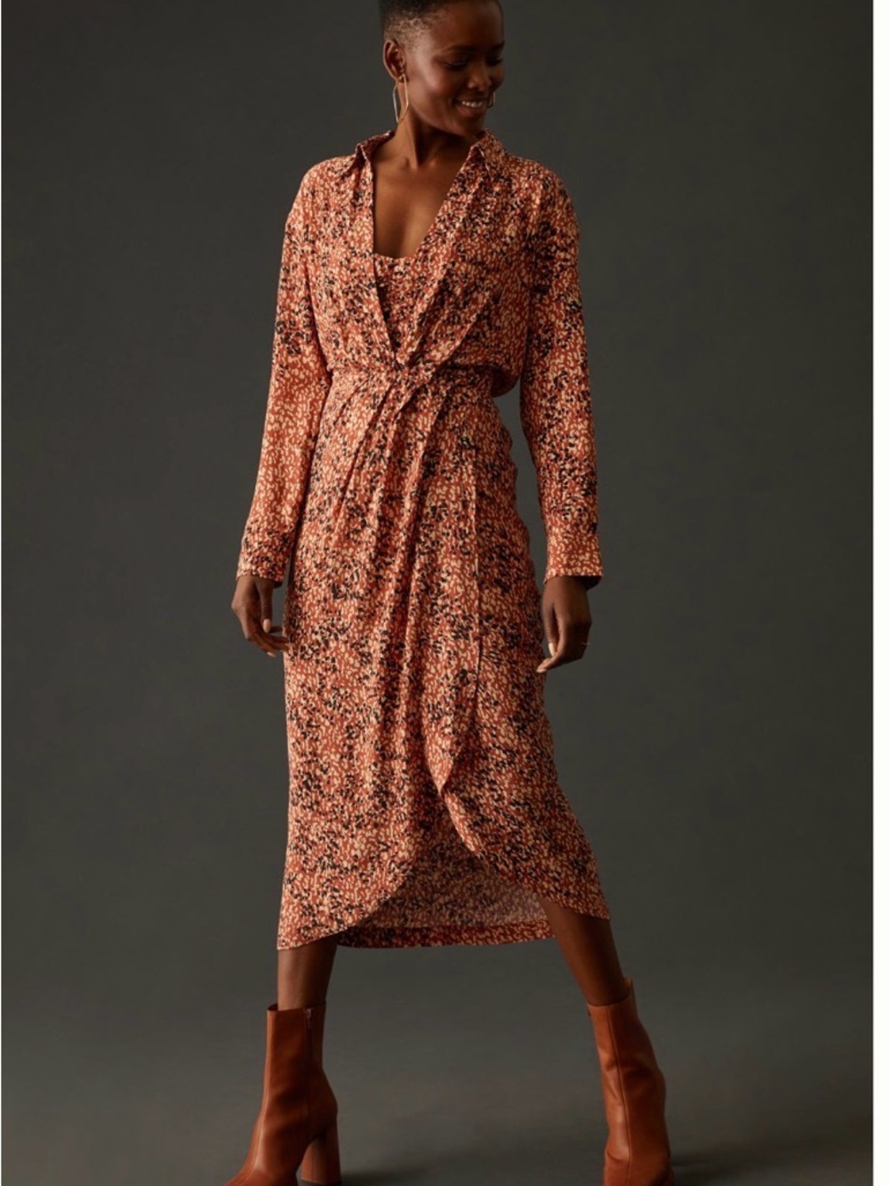 Anthropologie Rust Floral Wrap Midi Dress